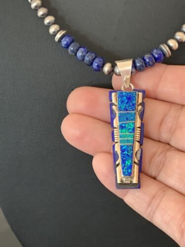 Southwestern Navajo Sterling Silver Necklace Pendant | Purple Opal Lapis Inlay | Authentic Native American Handmade | 00595