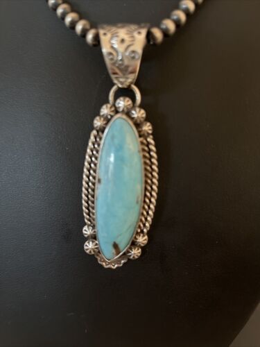 Men's Blue Kingman Turquoise Pendant | Navajo Pearls Sterling Silver Necklace | Authentic Native American Handmade | 01071