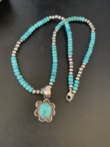 Navajo Blue Turquoise Pendant Necklace | Sterling Silver Pearls | Authentic Native American Handmade | 13217