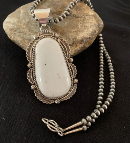Sterling Silver Navajo White Buffalo Turquoise Pendant | Men's Necklace  | 00340 | Native American Handmade