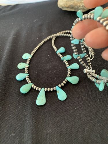 Navajo Pearls Sterling Silver Necklace & Bracelet Set | Blue Turquoise | Authentic Native American Handmade | 516