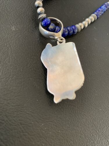 Men's Navajo Pearls Lapis Necklace with Azurite Pendant | Sterling Silver | Authentic Native American Handmade | 01931
