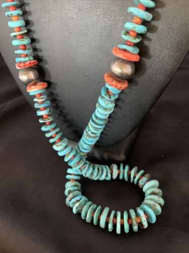 Navajo Natural Turquoise & Spiny Oyster Necklace | Sterling Silver | Authentic Native American | 32" | 13248