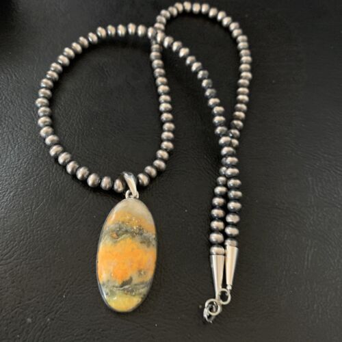 Navajo Yellow Bumblebee Jasper Pendant Necklace | Sterling Silver | Authentic Native American Handmade | 12809