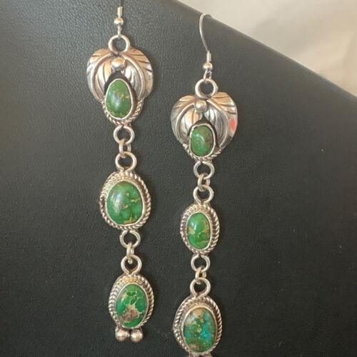 Navajo Sterling Silver Dangle Earrings | Green & Sonoran Gold Turquoise | Authentic Native American Handmade | 1213