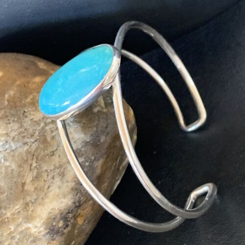 Minimalist Women's Cuff Bracelet | Sterling Silver | Blue Kingman Turquoise | 12866