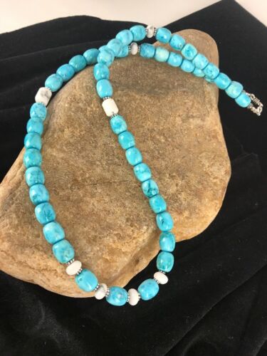 Navajo Blue Turquoise & Howlite Necklace | Sterling Silver | 21" | Authentic Native American Handmade | 3395 - Masha USA