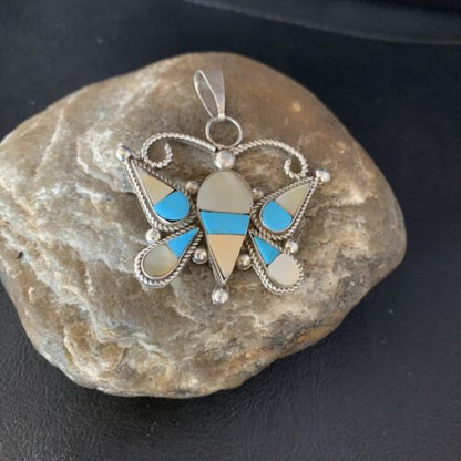 Zuni Butterfly Pendant Necklace | Turquoise & Yellow Mother of Pearl Inlay | Sterling Silver | 14208
