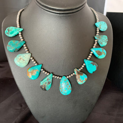 Southwestern Navajo Pearls Necklace | Sterling Silver Blue Turquoise Teardrop | 13151