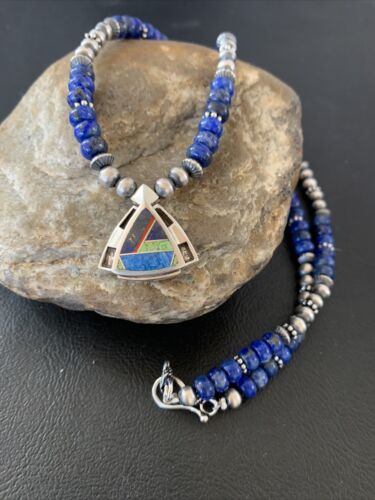 Authentic Native American Sterling Silver Navajo Pearls Necklace with Lapis Inlay Pendant | 01926