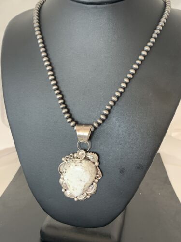 Navajo Pearls Necklace with White Buffalo Turquoise Pendant | Sterling Silver | Authentic Native American Handmade | 349