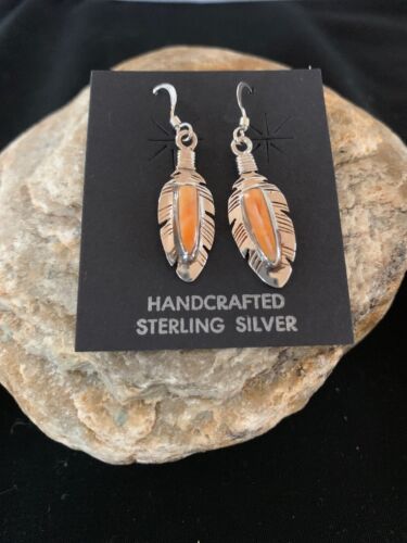 Navajo Orange Spiny Oyster Feather Earrings Set | Sterling Silver | Authentic Native American Handmade | 2741