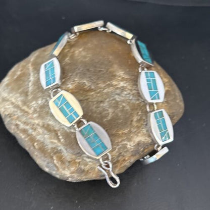 Men's Sterling Silver Navajo Turquoise Inlay Link Bracelet | 8.5" | Authentic Native American Handmade | 14659