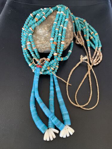 Native American Santo Domingo Spiny Blue Turquoise Shell Jacla Necklace | 5 Strand | 42" | 13189