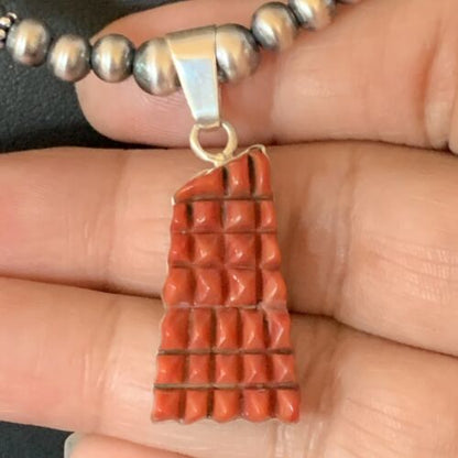 Navajo Red Coral Corn Inlay Necklace Pendant | Sterling Silver | 21" | Authentic Native American Handmade | 12584