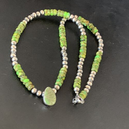 Navajo Green Gaspeite Turquoise Pendant | Sterling Silver | Authentic Native American Handmade | 13274 - Masha USA