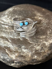 Navajo Blue Kingman Turquoise Feather Ring | Authentic Native American Sterling Silver | Multi-Stone | Sz 9 | 14793