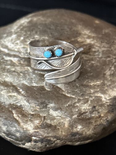 Navajo Blue Kingman Turquoise Feather Ring | Authentic Native American Sterling Silver | Multi-Stone | Sz 9 | 14793