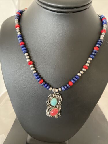 Navajo Pearls Sterling Silver Pendant Necklace | Lapis, Turquoise & Coral | Native American Handmade | 01176