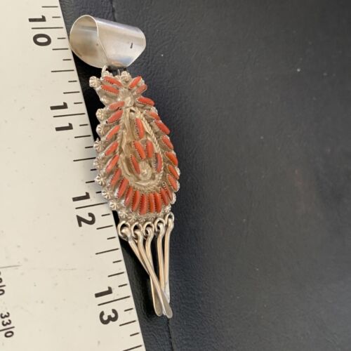 Old Pawn Zuni Multi-Stone Coral Needle Point Pendant Necklace | Sterling Silver | 12556