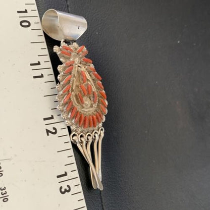 Old Pawn Zuni Multi-Stone Coral Needle Point Pendant Necklace | Sterling Silver | 12556