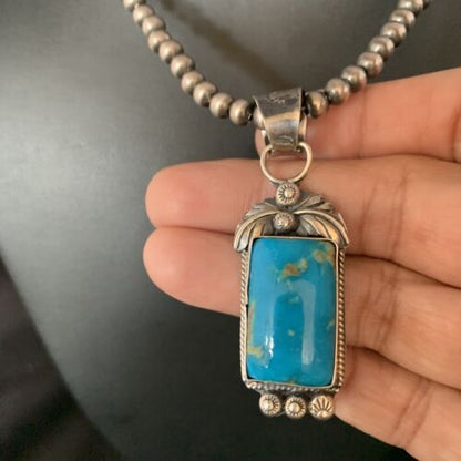 Men's Blue Kingman Turquoise Necklace Pendant | Sterling Silver Navajo Pearls | 13762
