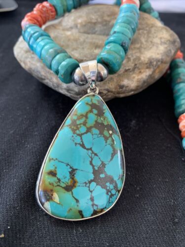 Navajo Pearls Spiderweb Spiny Oyster Turquoise Sterling Silver Necklace Pendant | Authentic Native American Handmade | 20"