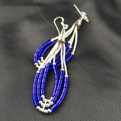 Native American Handmade Sterling Silver Heishi Dangle Earrings | Blue Lapis | 2" | 1965