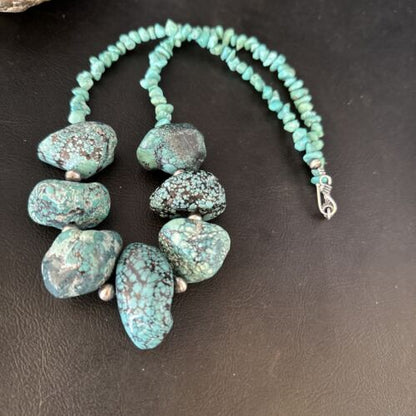 Navajo Chunky Blue Turquoise Nugget Necklace | Sterling Silver | Authentic Native American Handmade | 20" | 14417