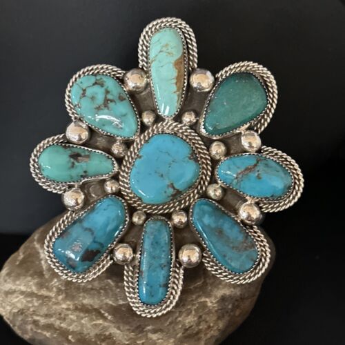 Navajo Sterling Silver Cluster Kingman Turquoise Cuff Bracelet | Authentic Native American Handmade | 14586