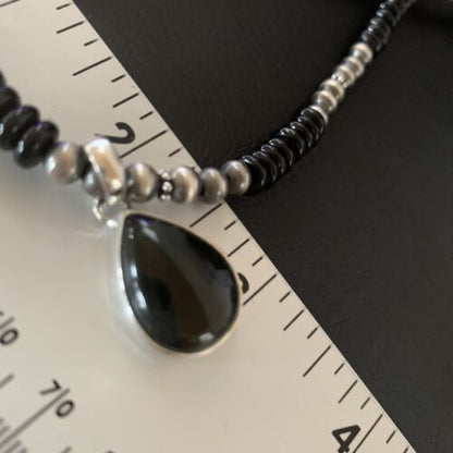 Native American Men's Navajo Pearl Necklace Pendant | Sterling Silver Black Onyx | 11906