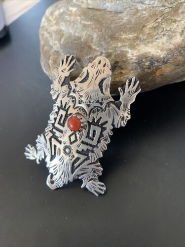 Navajo Stamped Coral Ring | Sterling Silver | Sz 8 | Authentic Native American Handmade | 11506