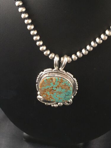 Navajo Blue #8 Turquoise Pendant Necklace Set | Sterling Silver | 2.25" | Authentic Native American Handmade | 10159