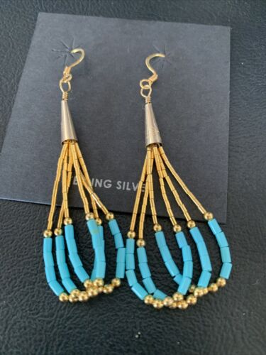 Navajo Blue Turquoise Dangle Heishi Earrings | Liquid Gold Filled Tubes | 2" | 13032