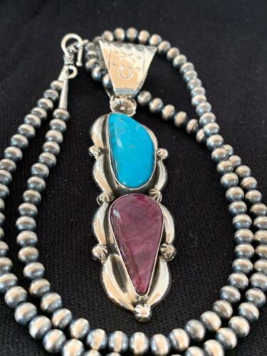 Navajo Kingman Turquoise & Spiny Oyster Pendant Necklace | Sterling Silver | Authentic Native American Handmade | 4576
