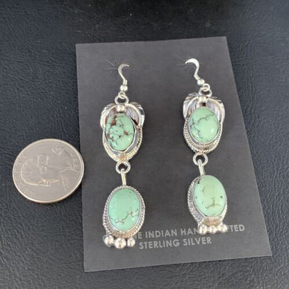Navajo Green Spiderweb Turquoise Dangle Earrings | Sterling Silver | Authentic Native American Handmade | 13547
