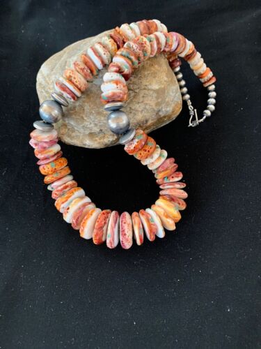 Authentic Native American Red Spiny Oyster & Navajo Pearls Necklace | Sterling Silver | 20" | 3243