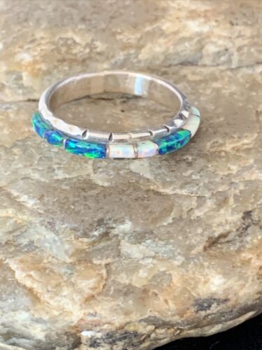 Navajo White Blue Opal Inlay Ring | Sterling Silver | Sz 8.5 | Authentic Native American Handmade | Yazzie | 10620