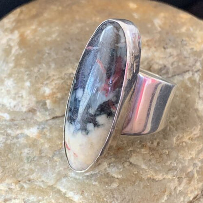 Navajo Men's White Black Cinnabrite Ring | Sterling Silver | Sz 7.5 | Authentic Native American Handmade | 1556