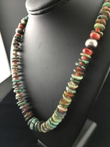 Native American Navajo Green Turquoise Spiny Necklace | Sterling Silver | 28" | 10060