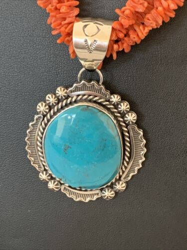 Navajo Sterling Silver Coral Bead Necklace | Turquoise Pendant | Multi-Strand 21" | 00766