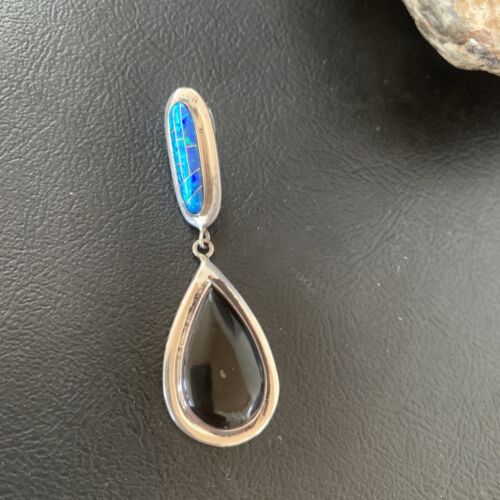 Navajo Black Onyx Blue Opal Inlay Pendant | Sterling Silver | Authentic Native American Handmade | 12885