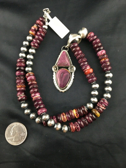 Navajo Purple Spiny Oyster Pendant with Pearls | Sterling Silver Necklace | Authentic Native American Handmade | 8175