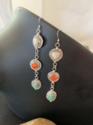 Navajo Spiny, Turquoise & Howlite Dangle Earrings | Sterling Silver | Authentic Native American Handmade | 1570