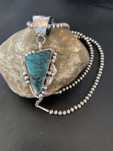 Men's Navajo Blue Spiderweb Turquoise Pendant Necklace | Sterling Silver | Authentic Native American Handmade | 10662