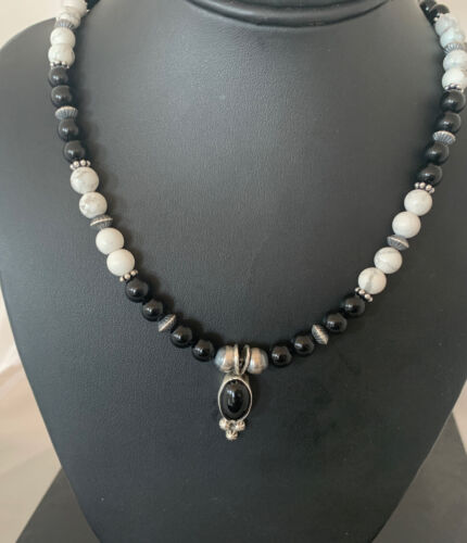 Navajo Black Onyx & White Buffalo Pendant Necklace | Sterling Silver | Authentic Native American Handmade | 01099