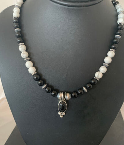 Navajo Black Onyx & White Buffalo Pendant Necklace | Sterling Silver | Authentic Native American Handmade | 01099