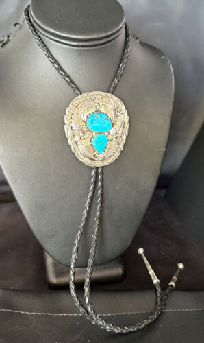 Native American Men's Bolo Tie | Blue Kingman Turquoise | Sterling Silver | Navajo Handmade | 14279