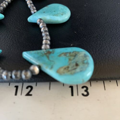 Navajo Teardrop Blue Turquoise Necklace | Sterling Silver Pearls | 20" | Authentic Native American Handmade | 13967