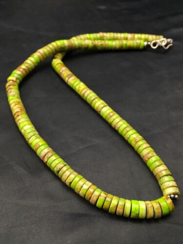 Navajo Green Gaspeite Stabilized Necklace | Sterling Silver | 20" | Authentic Native American Handmade | 4337 - Masha USA